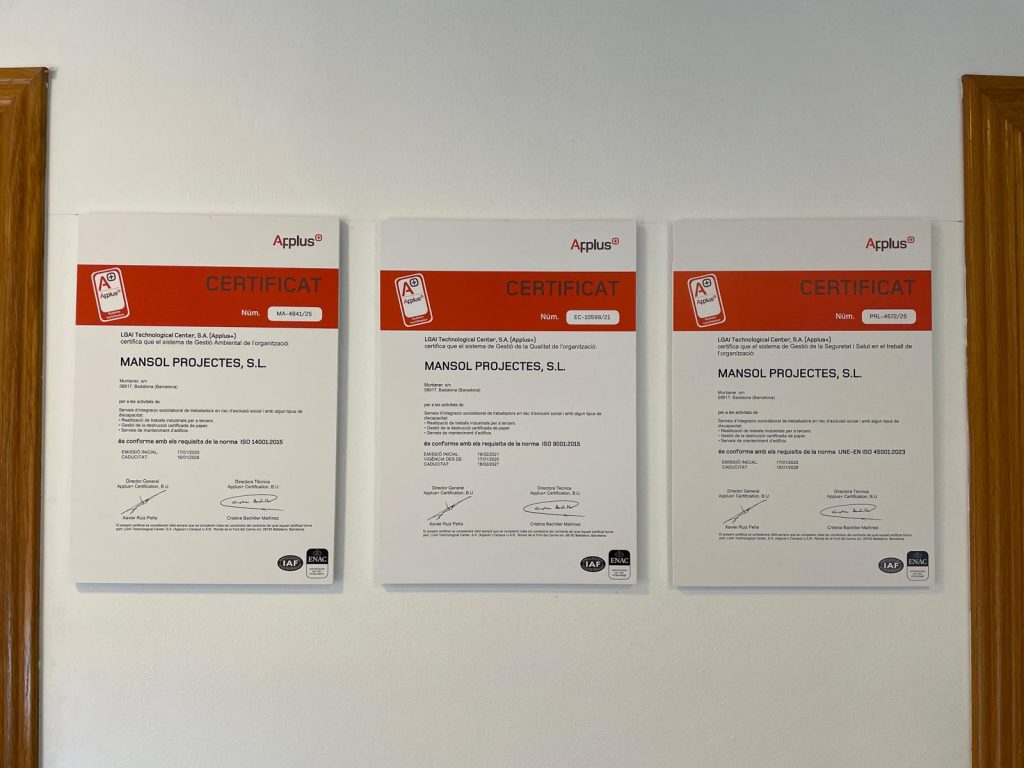 Mansol Projectes Centro Especial de Empleo Badalona Certificaciones ISO